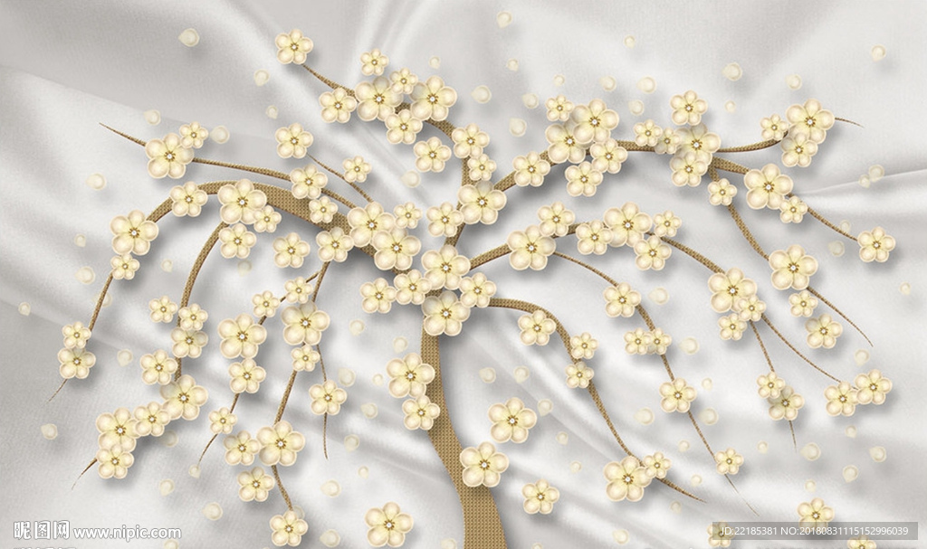 金色发财树花朵背景墙