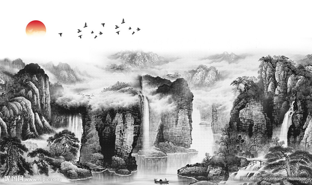 水墨山水风景背景墙
