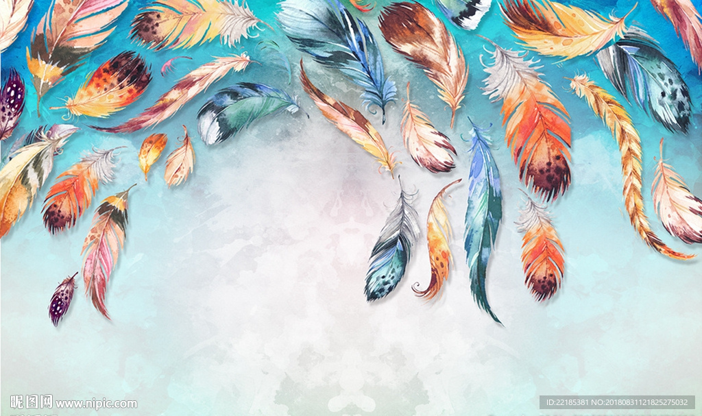 简约水彩手绘羽毛背景墙