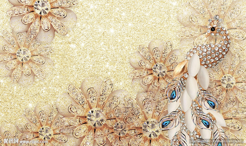 华丽镶钻珠宝花朵宝石孔雀背景墙