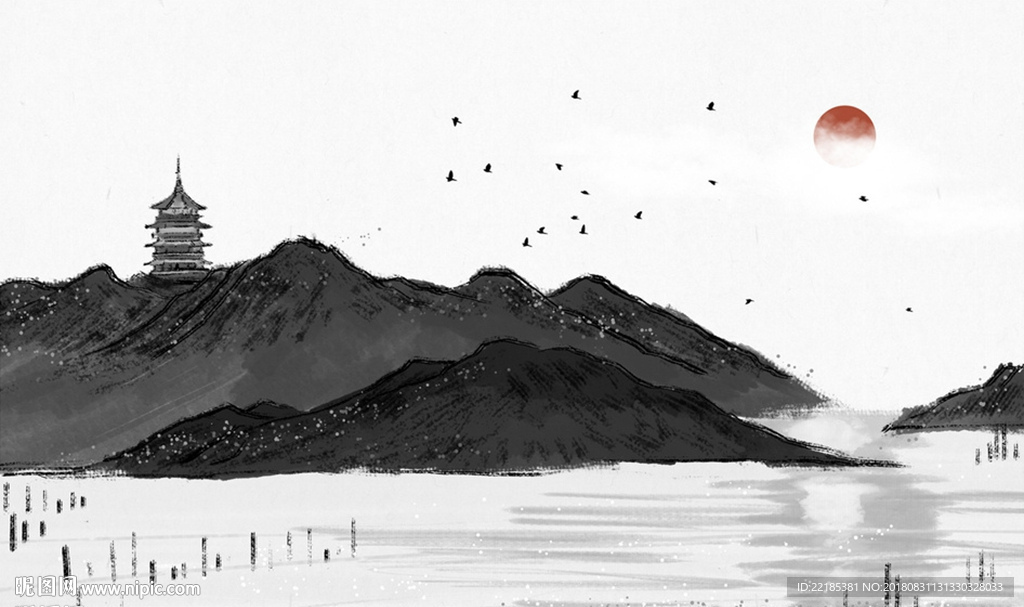 中式水墨山水飞鸟夕阳背景墙