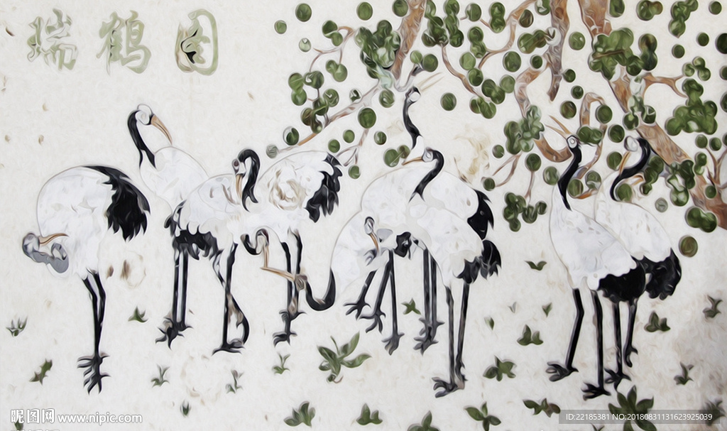 中式手绘油画白鹤背景墙