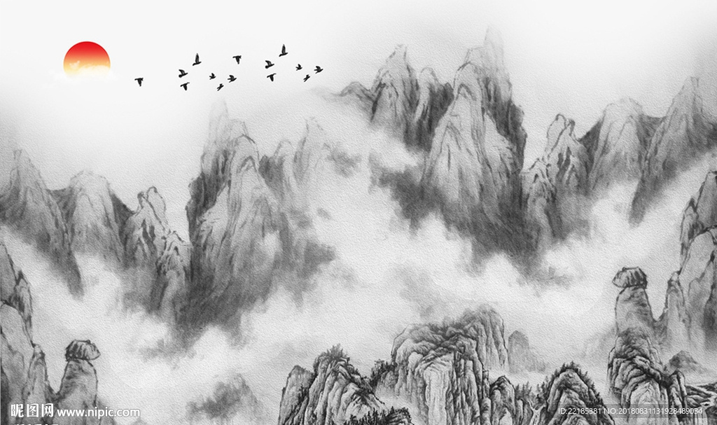 新中式意境水墨山水背景墙