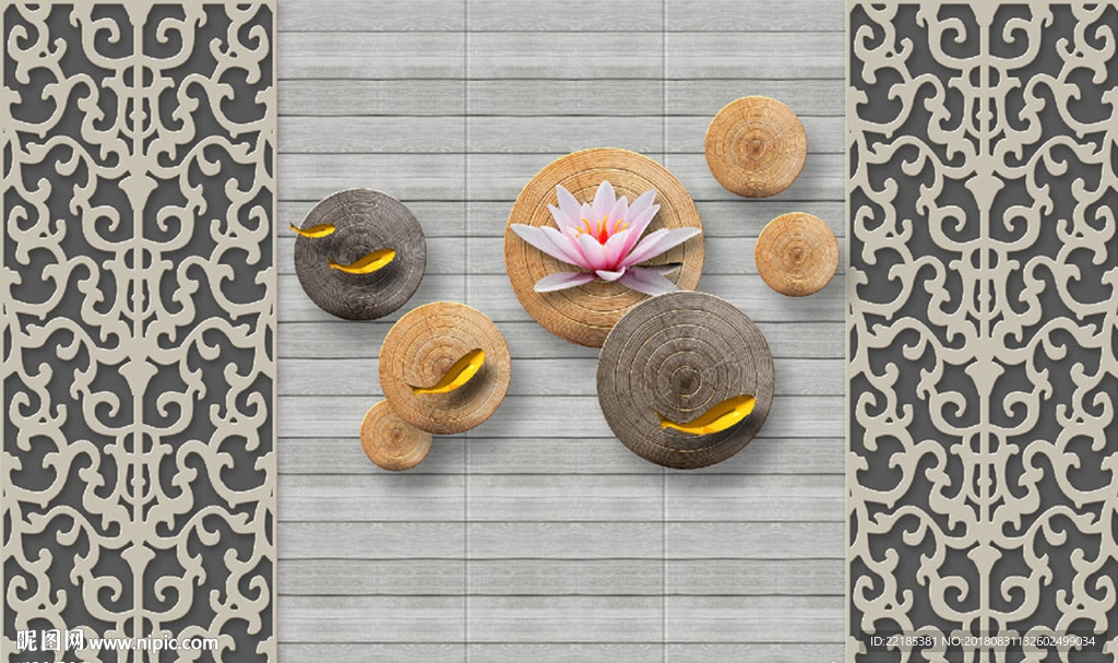 新中式荷花木纹背景墙