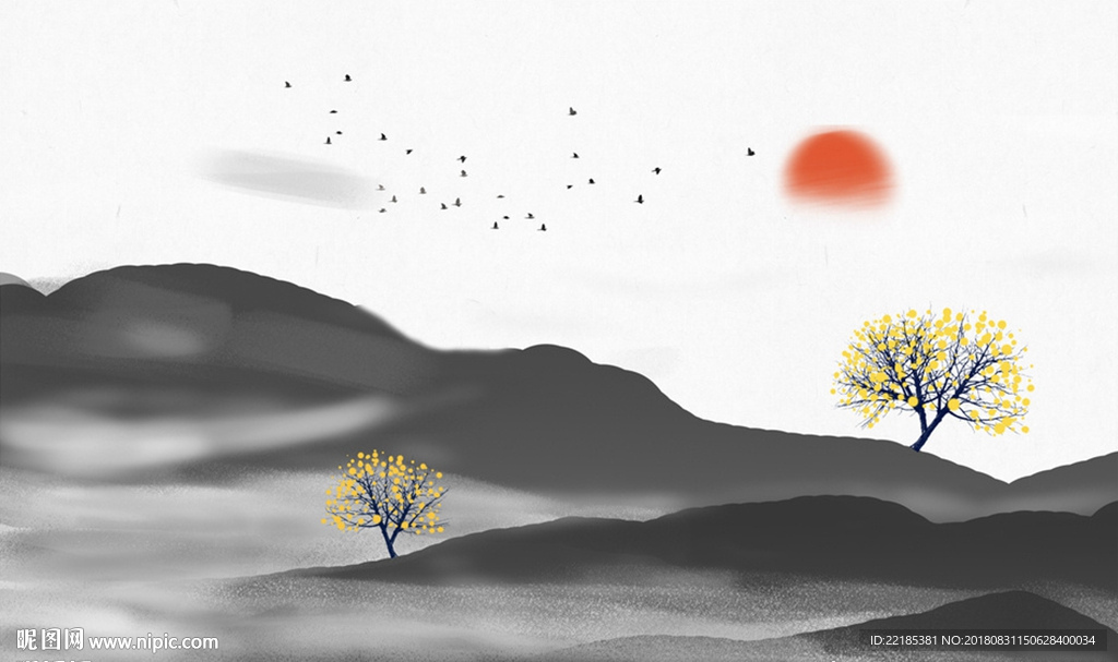 中式水墨山水飞鸟背景墙