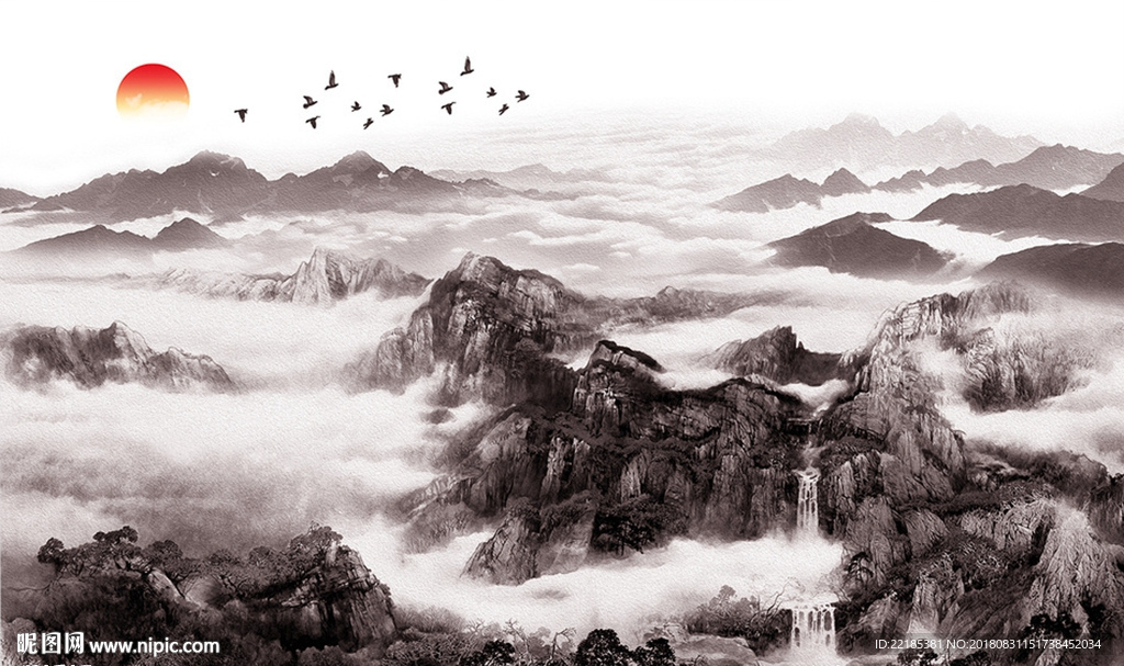 中式水墨画山水背景墙