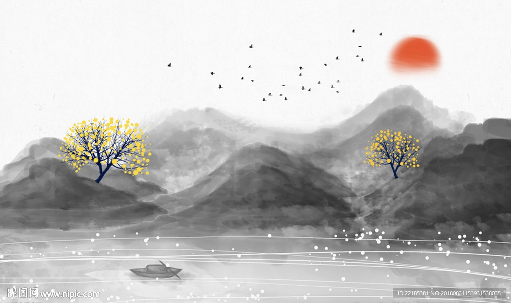 中式山水飞鸟背景墙