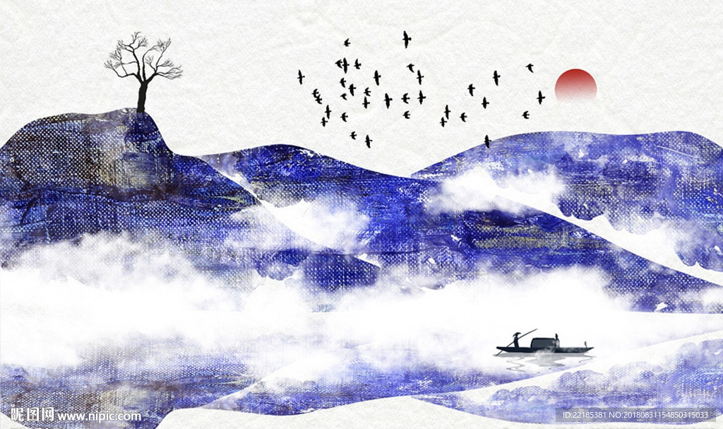 中国风手绘意境山水背景墙