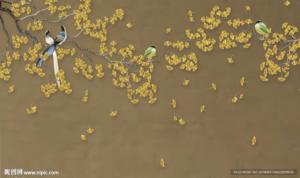 新中式银杏花鸟背景墙