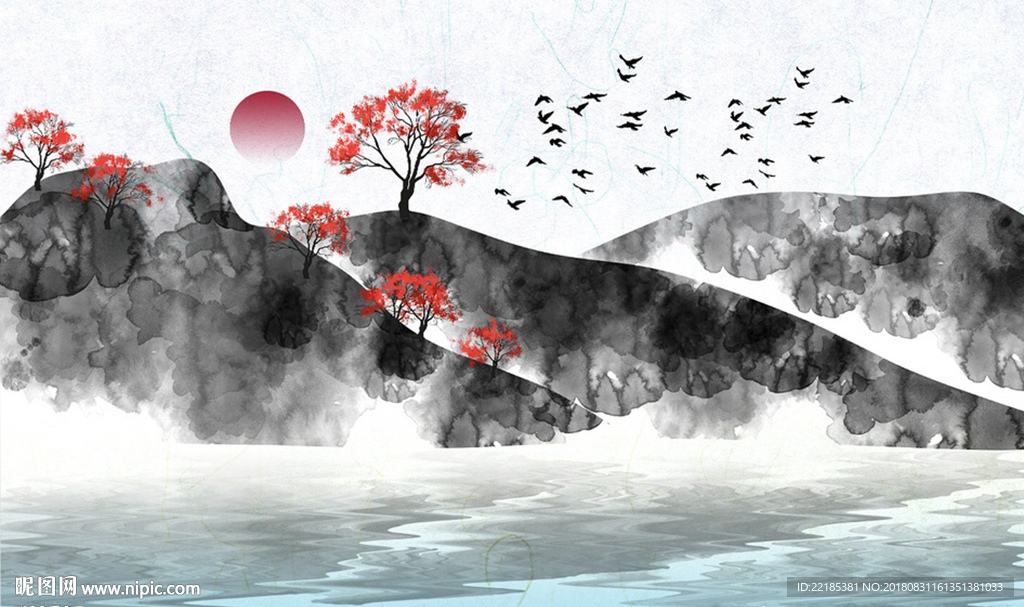 新中式意境手绘水墨山水背景墙