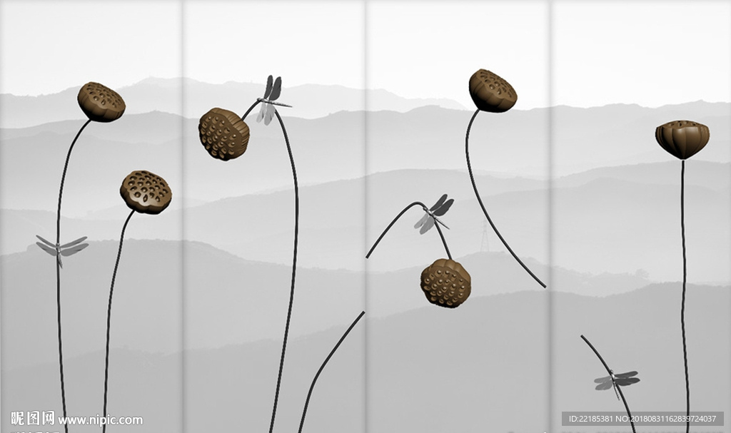 中式水墨风浮雕莲蓬背景墙