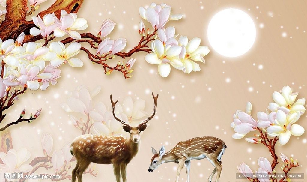 新中式兰花月光小鹿背景墙