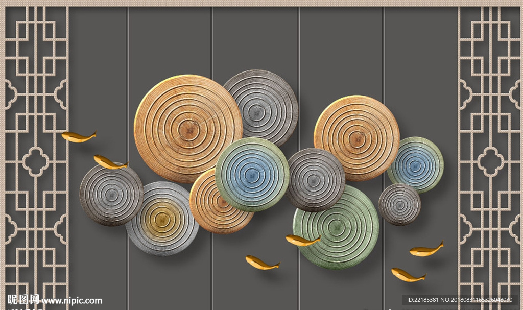 简约木纹年轮实物立体金色背景墙