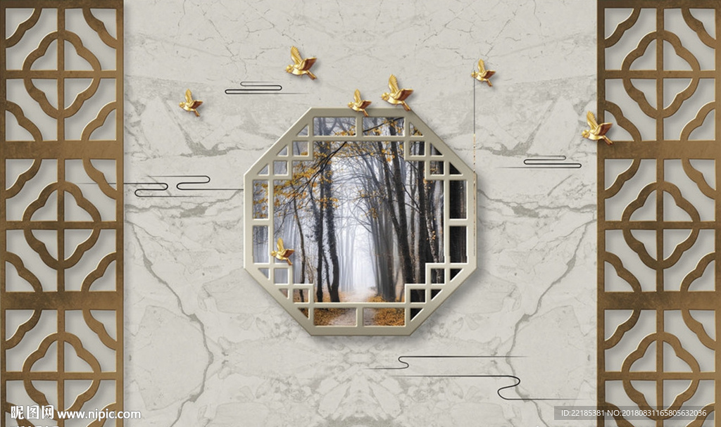 大理石纹雕花门窗树林风景背景墙