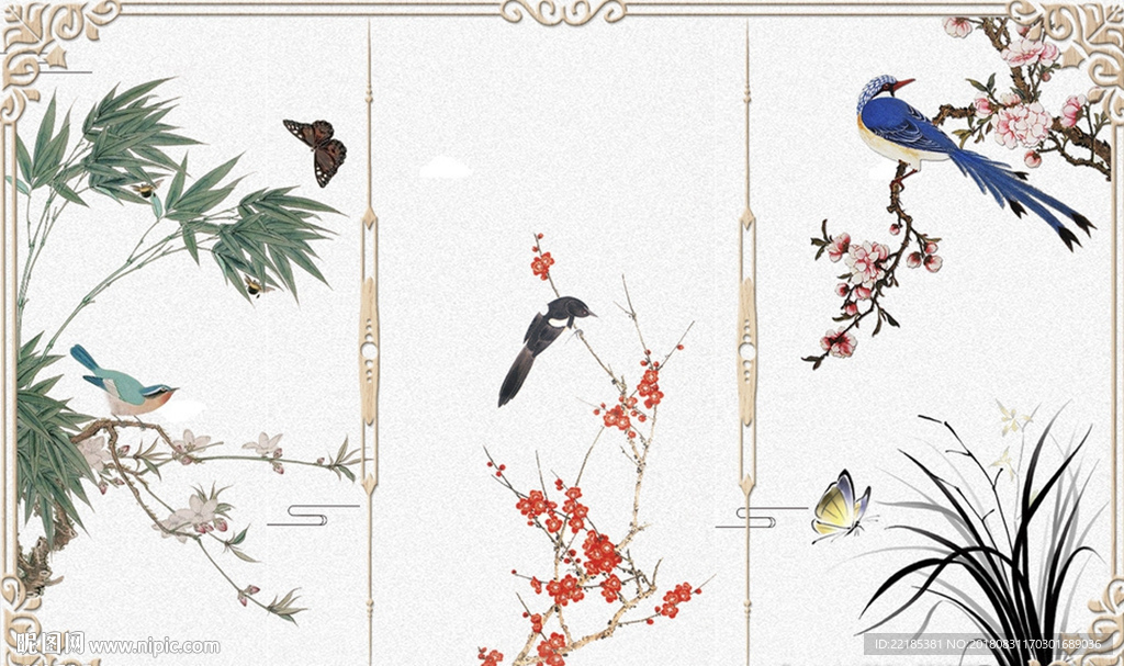 新中式花鸟树枝背景墙