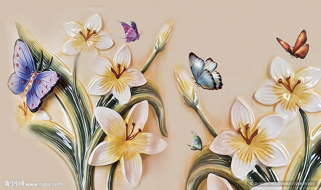 现代油画唯美蝴蝶花卉背景墙