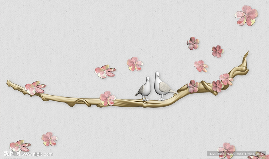 3D花卉小鸟树枝背景墙