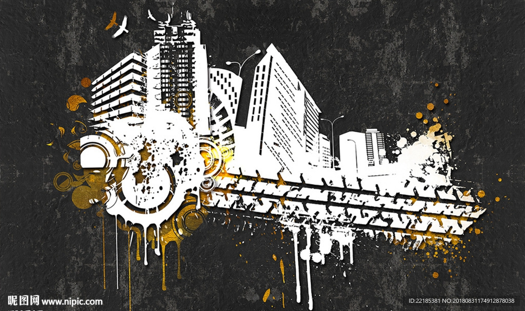 水彩手绘城市建筑背景墙