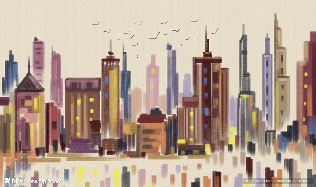 北欧简约复古抽象城市油画背景墙