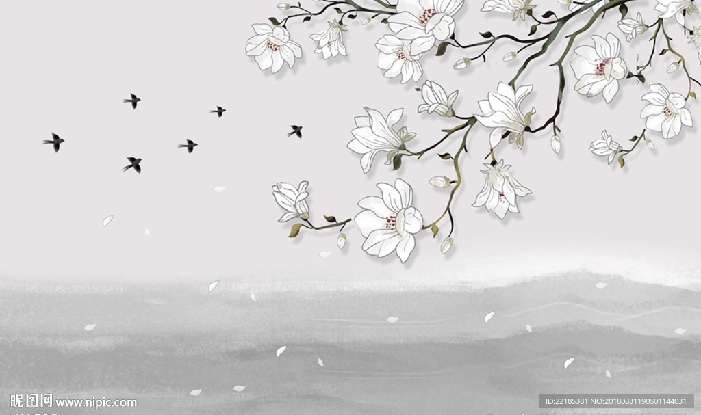 中式玉兰花小鸟背景墙