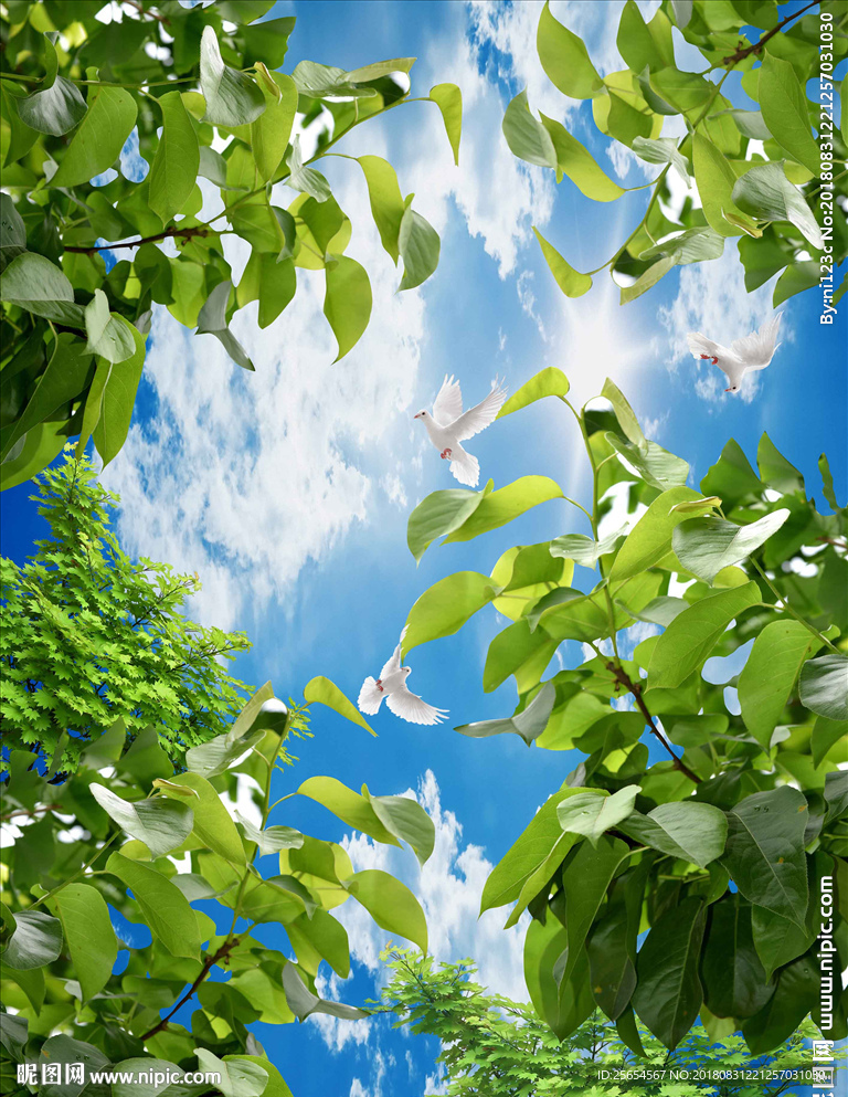 唯美蓝天白云树枝绿叶吊顶天顶壁