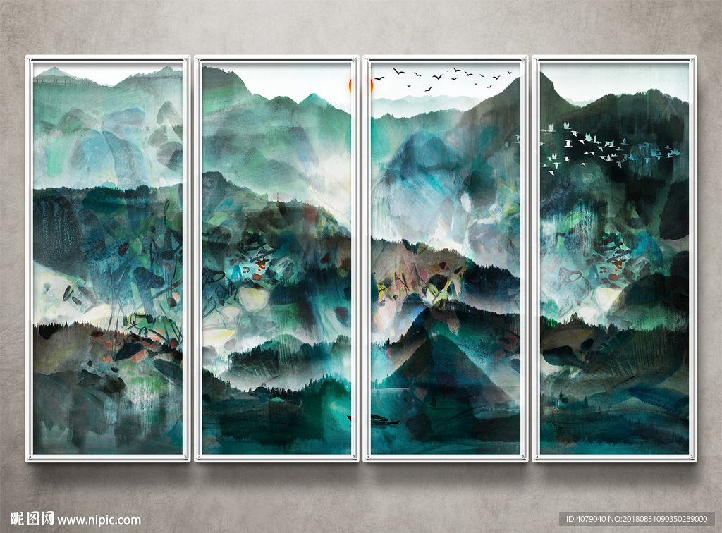 新中式水墨山水电视背景墙壁画