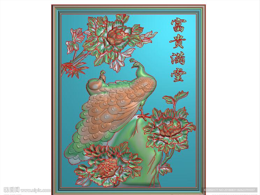 富贵满堂牡丹孔雀精雕浮雕灰度