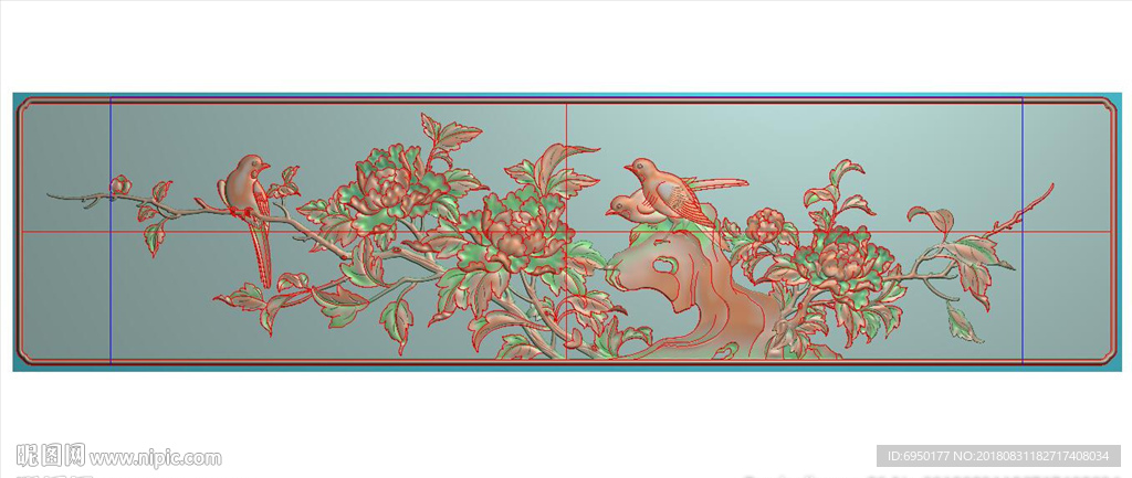 牡丹花鸟抽斗围板精雕浮雕灰度