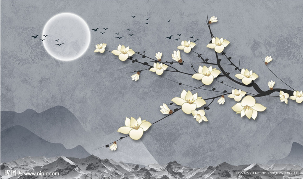 中式意境玉兰花背景墙
