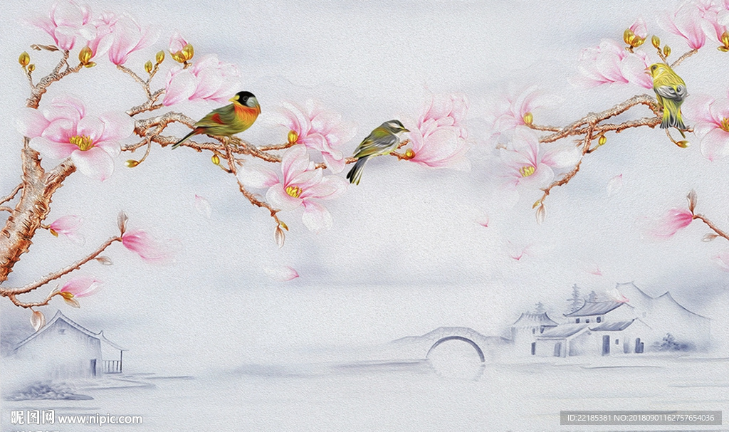 中式小鸟怡人花开背景墙