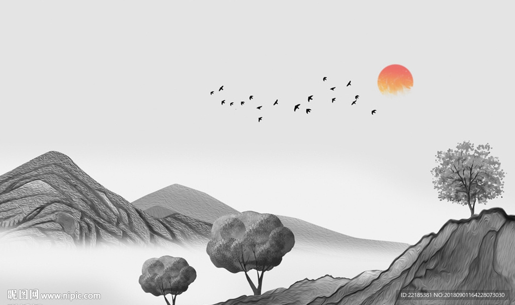 新中式意境山水树背景墙