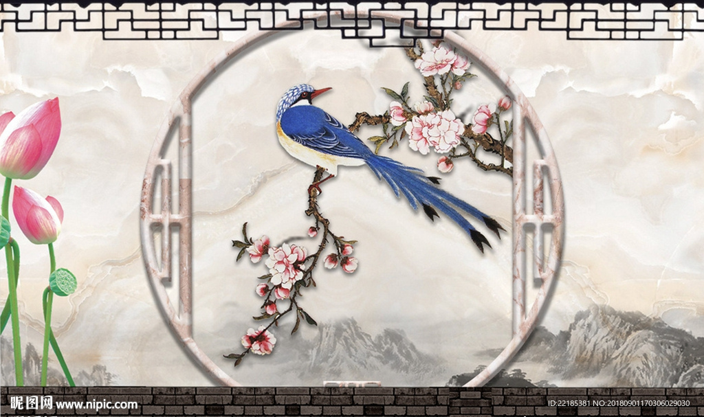 新中式花鸟远山背景墙