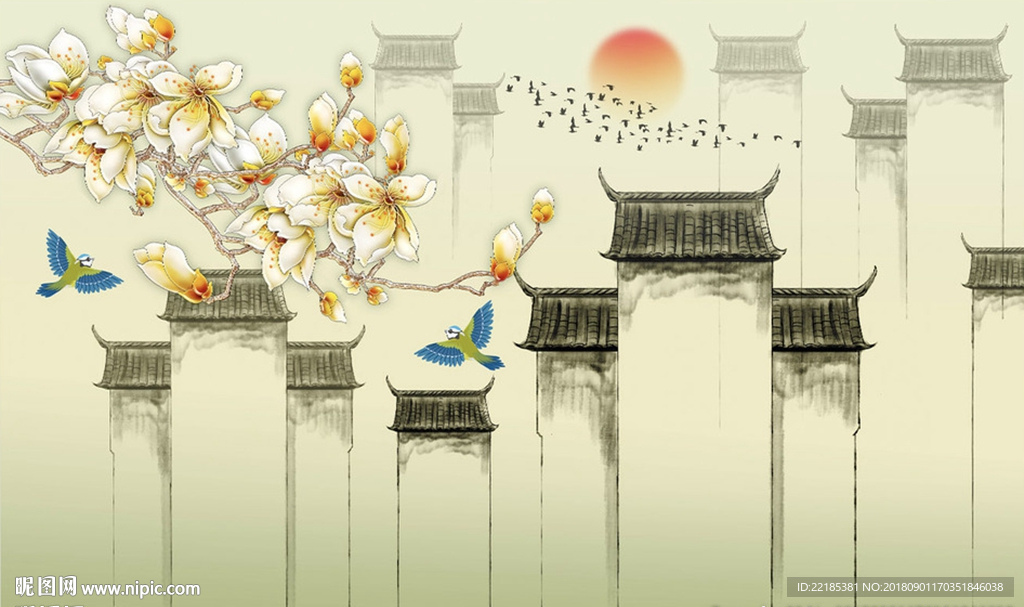 新中式花鸟徽派建筑背景墙