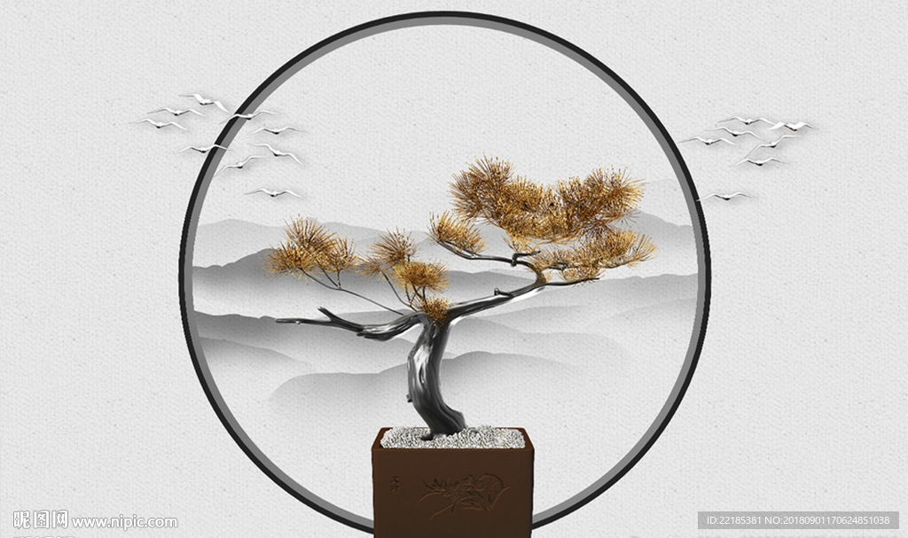 松树飞鸟背景墙