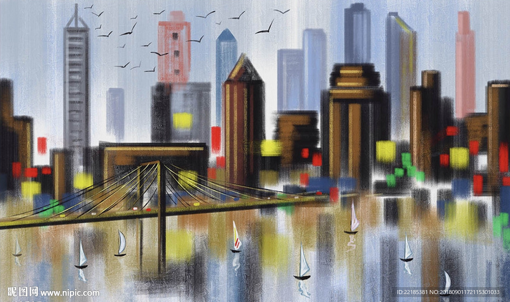 现代手绘抽象油画城市背景墙