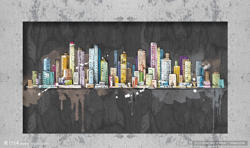 水彩手绘涂鸦城市建筑背景墙