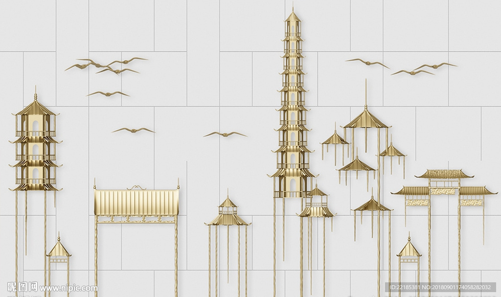 简约金属铁艺建筑浮雕背景墙