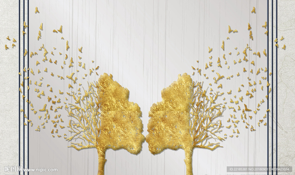 简约创意浮雕金色树木飞鸟背景墙