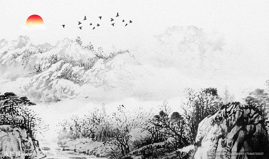 唯美水墨意境山水背景墙