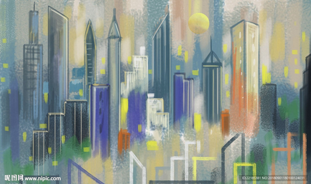 手绘抽象油画城市背景墙