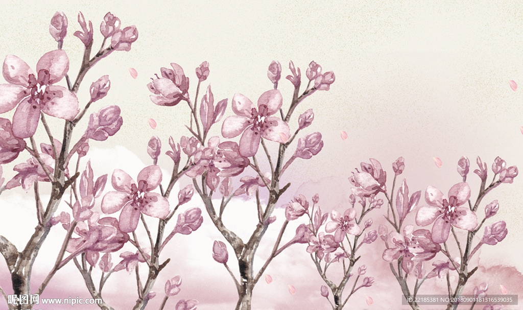 粉色花卉枝干背景墙