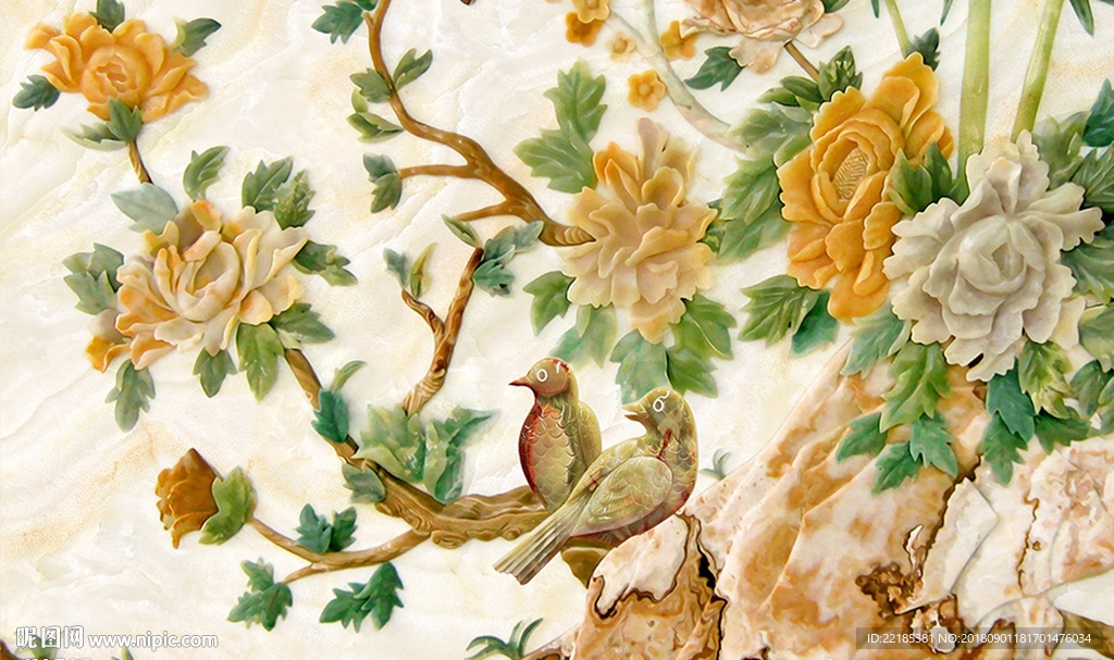 3D牡丹花鸟儿玉雕背景墙