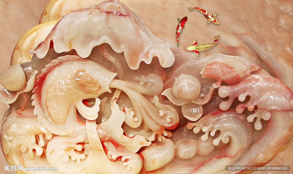 大理石3D红鱼玉雕背景墙