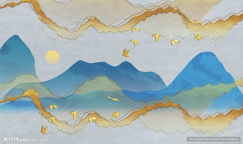 新中式质感金箔意境山水背景墙