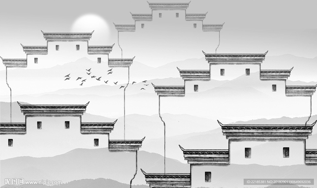 水墨江南徽派建筑背景墙