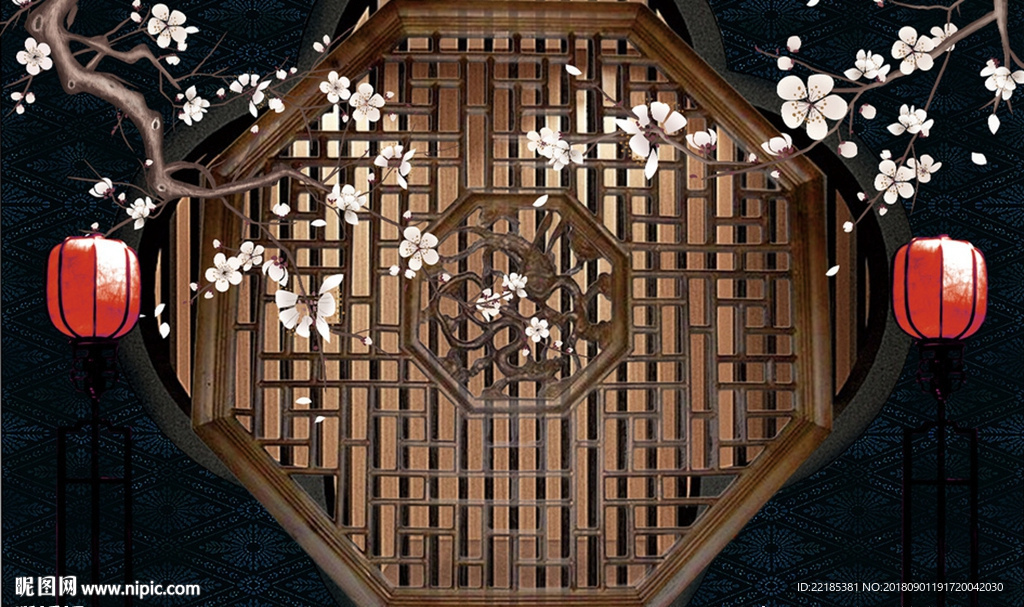 新中式古典漏窗桃花背景墙