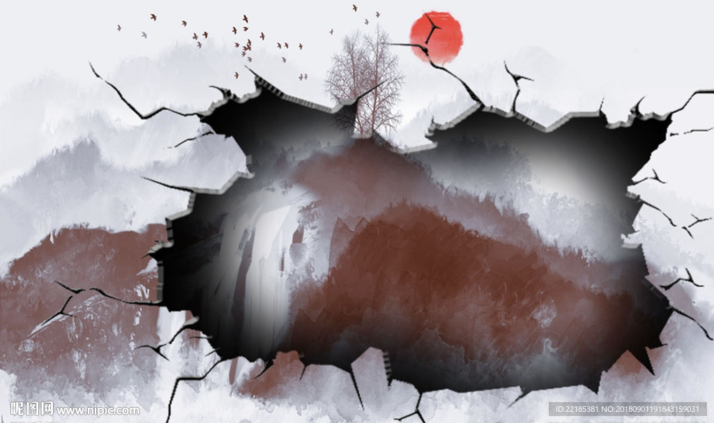 3D破洞山水背景墙