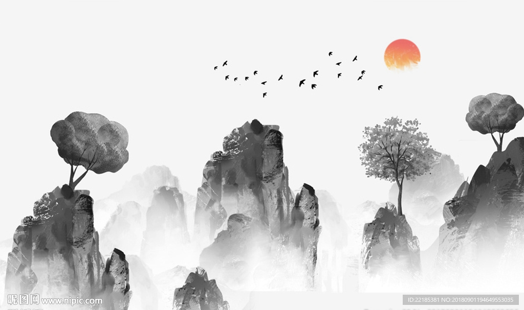 唯美水墨意境山水背景墙