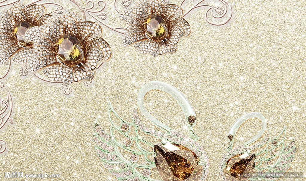 宝石花朵天鹅背景墙