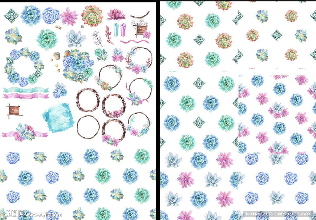 手绘水彩多肉植物花环飘带